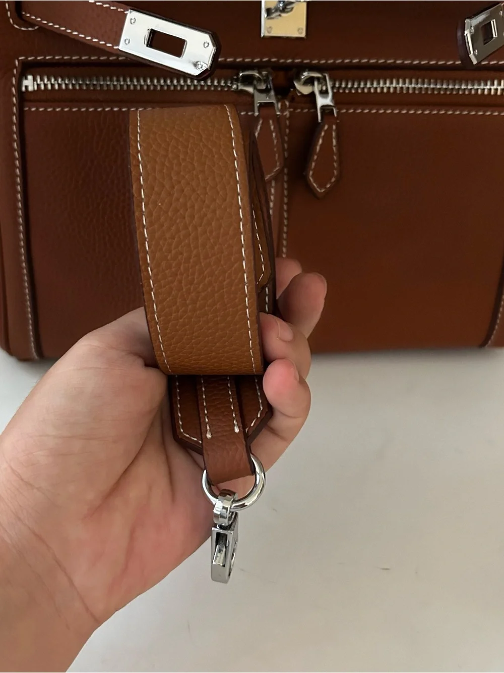25cm Double Front Pocket Brown Leather Satchel with Scarf-Wrapped Handle